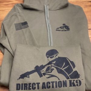 A tactical hoodie with Direct Action K9 logo and American flag patch.