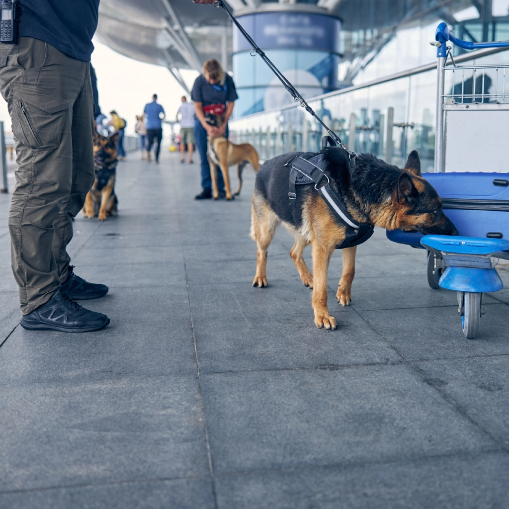 Security dog sniffing luggage at airport