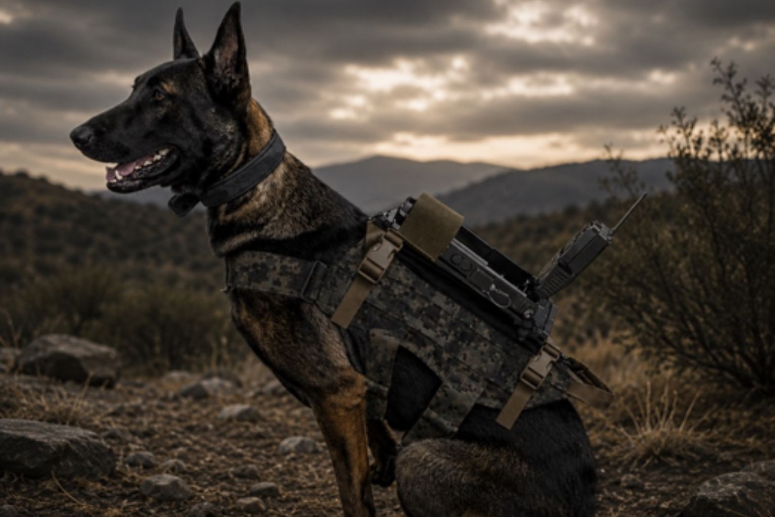 A military working dog in tactical gear stands alert at dusk in a rugged outdoor setting.