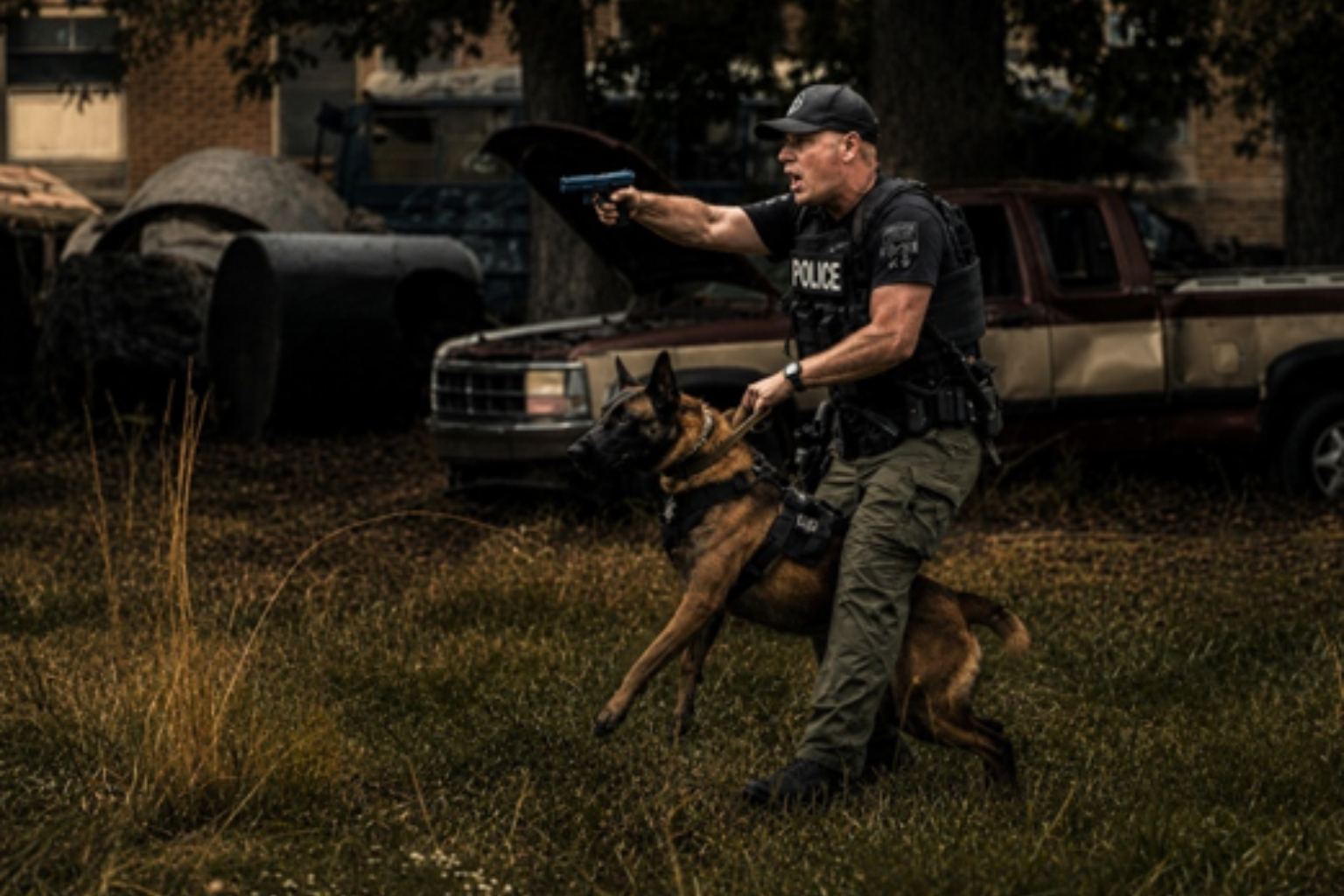 A police officer training a dog in a grassy area with old cars.