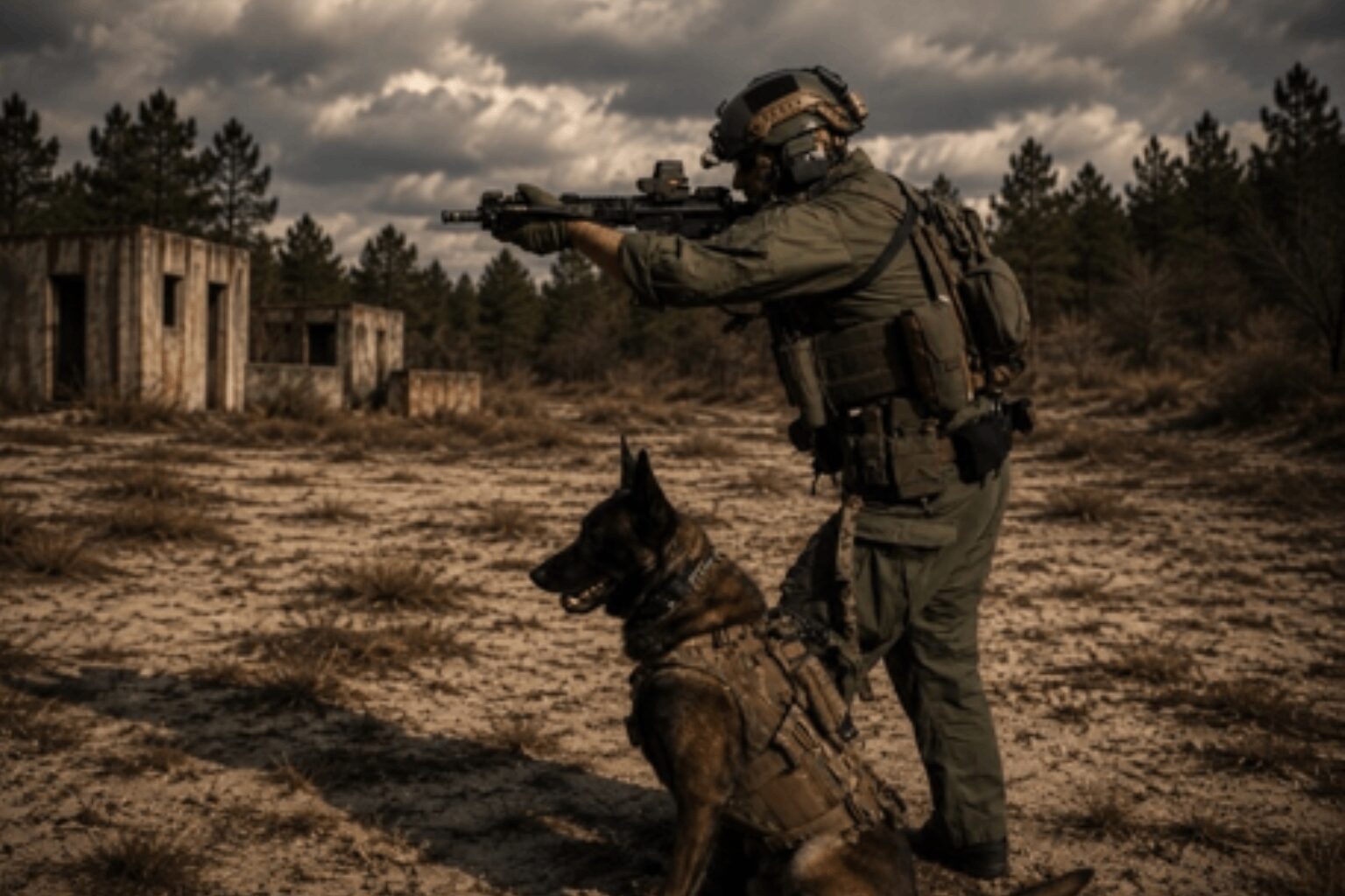 A soldier aiming with a rifle accompanied by a military dog.