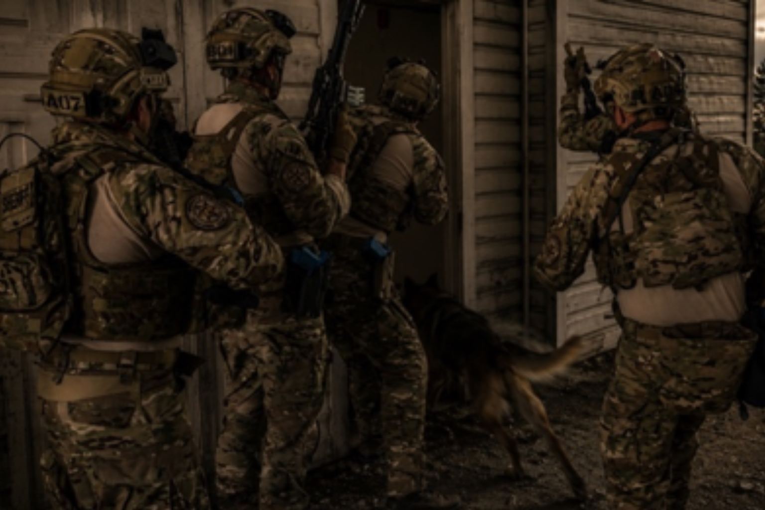 Soldiers with a military dog prepare to enter a building at night.