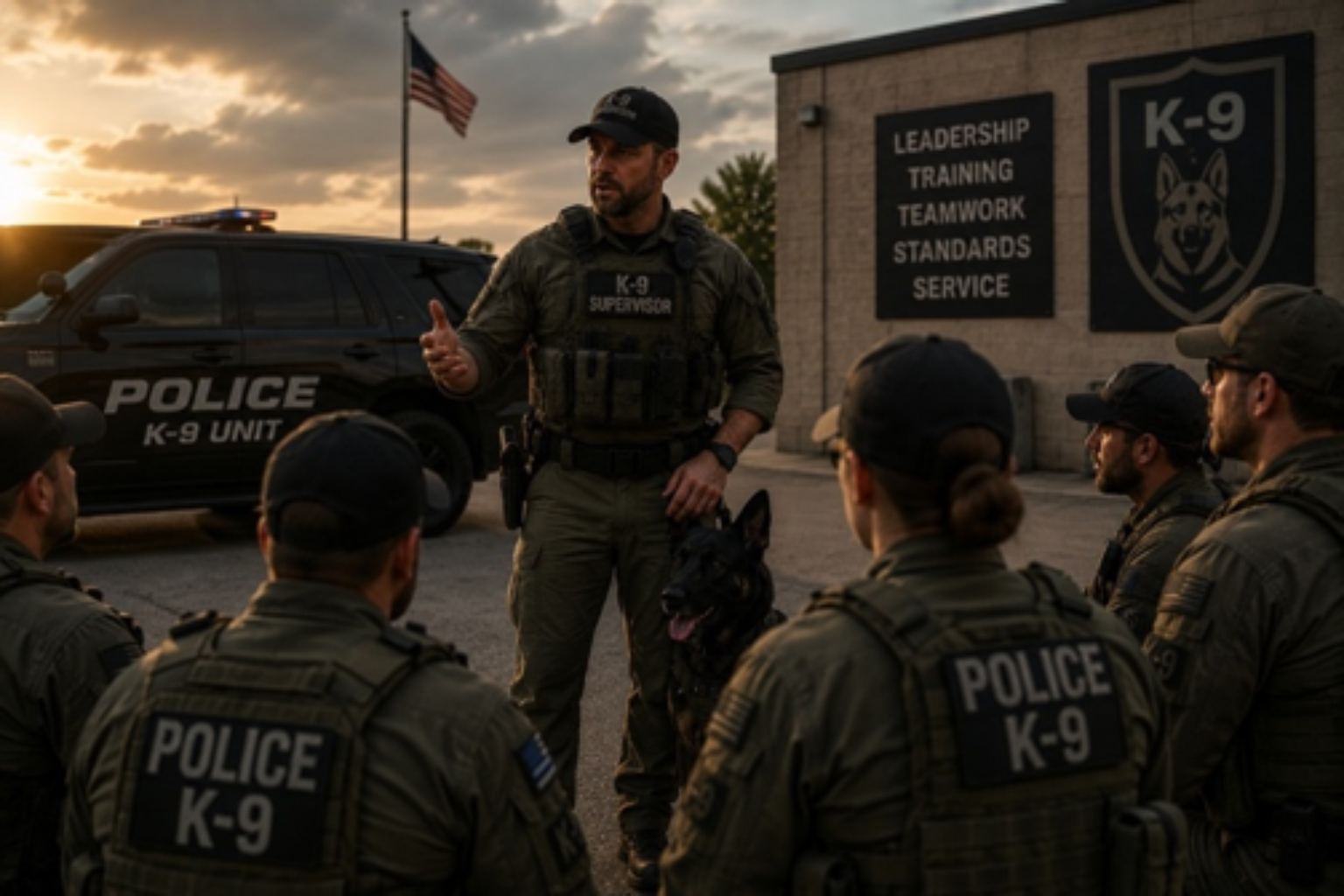 Police K-9 unit officers in tactical gear during a sunset briefing.
