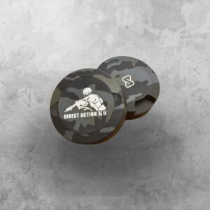 Pair of black dumbbells with a skull and crossed bones logo.
